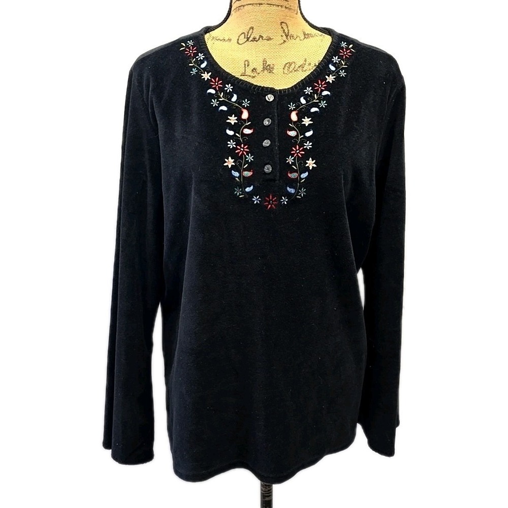 Vtg White Stag Velour Black Embroidered Top Floral Folk‎ Boho Long Sleeve sz XL